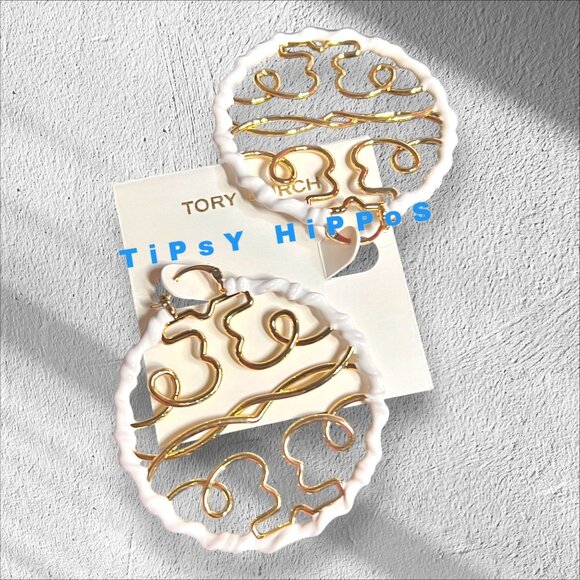 Tory Burch White and Gold Logo Hoop Earrings (6cm) - Picture 4 of 4
